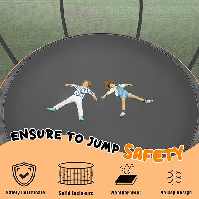 Trampoline 12FT 14FT 15FT 16FT for Kids/Adults - Outdoor Recreational with Enclosure Net Curved Poles and Ladder, Heavy Duty Anti-Rust Coating, ASTM Approval