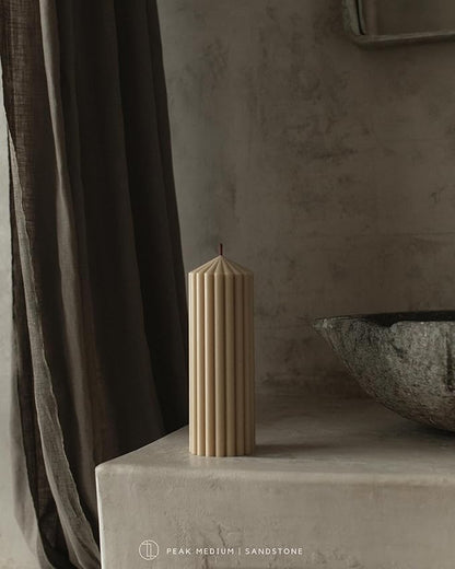 LAWA Ribbed Peak Pillar Candle - Large Beautiful Handmade Pillar Scented Soy Wax Candle Elegant Bubble Aesthetic Candle Housewarming Gift Home Room Shelf Decor Idea (Medium, Sandstone)