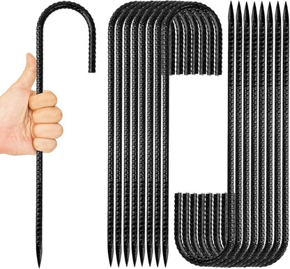 Anothera 16 Pack Heavy Duty Trampoline Stakes, 12 Inches Trampoline Anchors High Wind, Heavy Duty J Shaped Rebar Stakes for Trampoline, Tents, Inflatables, Fences, Outdoor Decoration