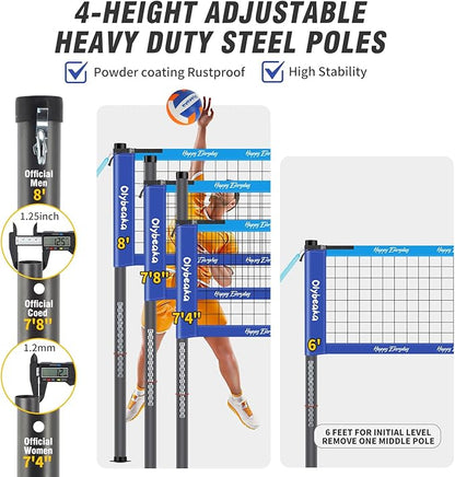Outdoor Portable Volleyball Net Set for Backyard Beach with Adjustable Heavy Duty Poles, Durable Net, PU Volleyball & Pump, Carry Bag