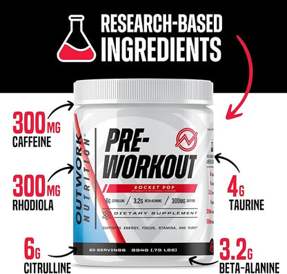 Outwork Nutrition Pre Workout Powder for Men & Women - Pre-Workout Supplements Without Creatine, Nootropic Preworkout with Citrulline Malate Beta Alanine Taurine Rhodiola Caffeine (Rocket Pop)