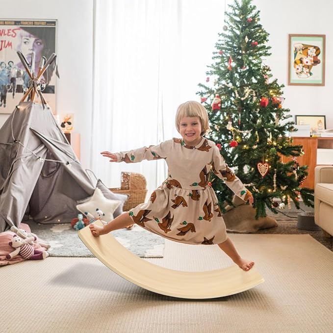 Gentle Monster Wooden Wobble Balance Board, 35 Inch Rocker Board Natural Wood, Kids Toddler Open Ended Learning Toy, Yoga Curvy Board for Office & Classroom Adult