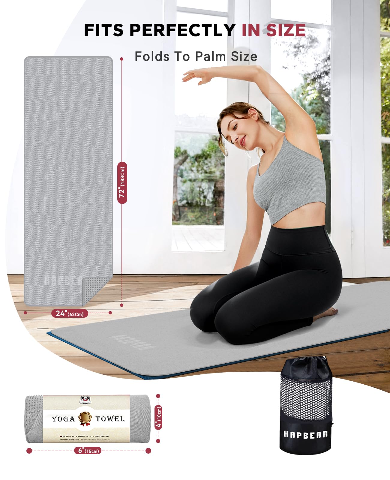 HAPBEAR Non Slip Yoga Mat Towel with Grip Dots, 72" x 24" Hot Yoga Towel - Super Absorbent