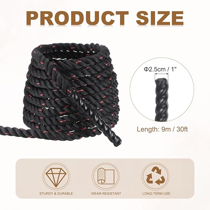 MECCANIXITY Battle Rope 30ft x 1 Inch Polyester Workout Rope Heavy Fitness Exercise Rope for Strength Training Home Gym Muscle Building, Black Red