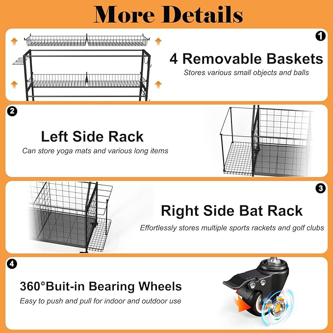 Sports Equipment Organizer, Garage Ball Storage Racks - Outdoor Toy Storage with 2 Side Racks & Removable Baskets, Heavy-Duty Garage Rolling Ball Cart with Wheels, Hooks for Sports Gear, Toys