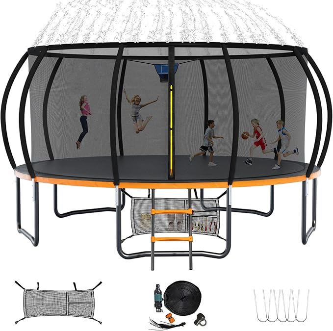 Trampoline 12FT 14FT 15FT 16FT for Kids/Adults - Outdoor Recreational with Enclosure Net Curved Poles and Ladder, Heavy Duty Anti-Rust Coating, ASTM Approval