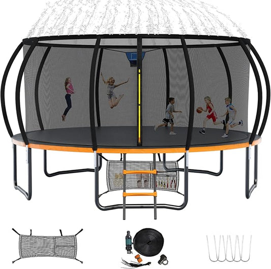 Trampoline 12FT 14FT 15FT 16FT for Kids/Adults - Outdoor Recreational with Enclosure Net Curved Poles and Ladder, Heavy Duty Anti-Rust Coating, ASTM Approval