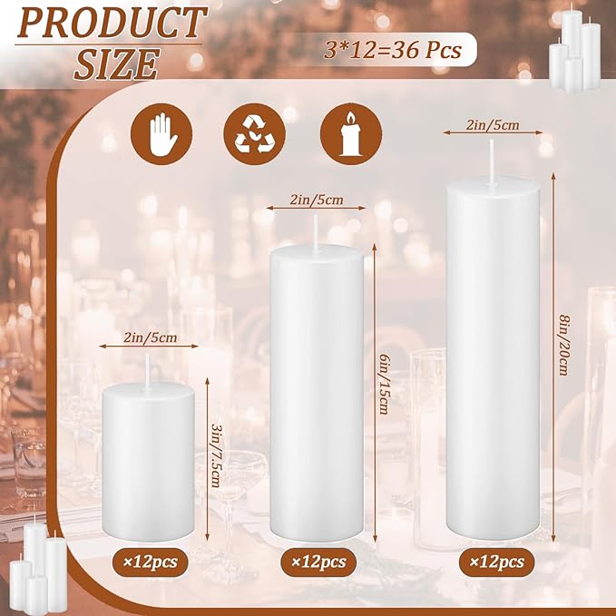 White Pillar Candles Bulk Set of 36，Hurricane Candlesï¼? Different Lengths 2 x 3/6/8 Inch (12 Each)，Dripless Unscented Smokeless，Gives You a Better Atmosphere When Organizing an Event Party.