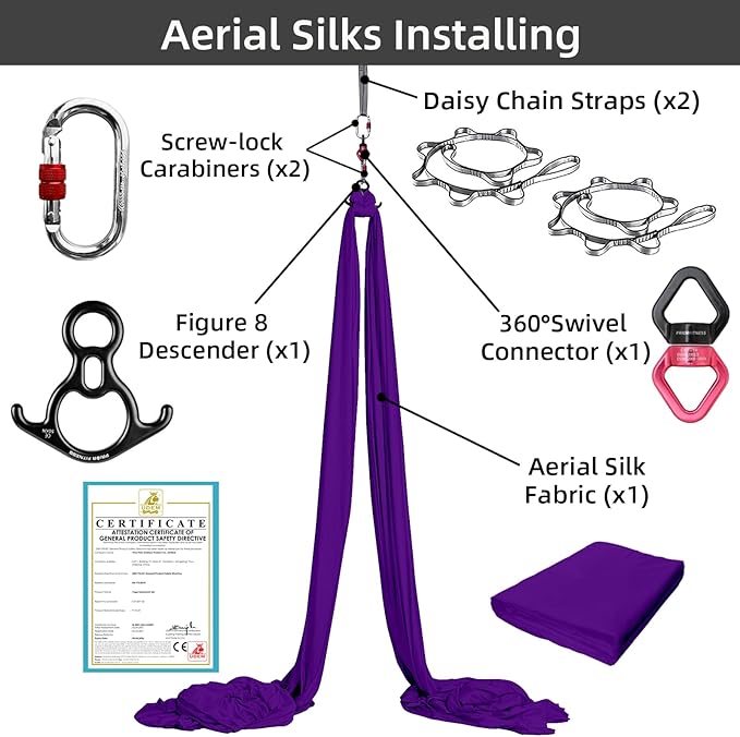 PRIOR FITNESS Aerial Silks Set, Professional Thicker Low Stretch Fabric 9/15/20 Yards Aerial Silk Swing Set with Hardware Guide, Yoga Starter Kit For Home, Aerial Yoga Hammock, Silks for Gymnastics, Antigravity Yoga, Inversion Exercise-All Levels