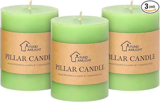 3x4 Inch Green Pillar Candles Set of 3 - Decorative Unscented Pillar Candle, Long Burning Dripless Candle for Table Decor, Smokeless Large Pillar Candles for Wedding Table Decor
