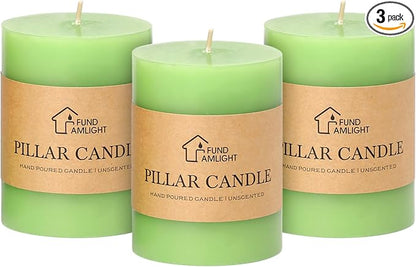 3x4 Inch Green Pillar Candles Set of 3 - Decorative Unscented Pillar Candle, Long Burning Dripless Candle for Table Decor, Smokeless Large Pillar Candles for Wedding Table Decor