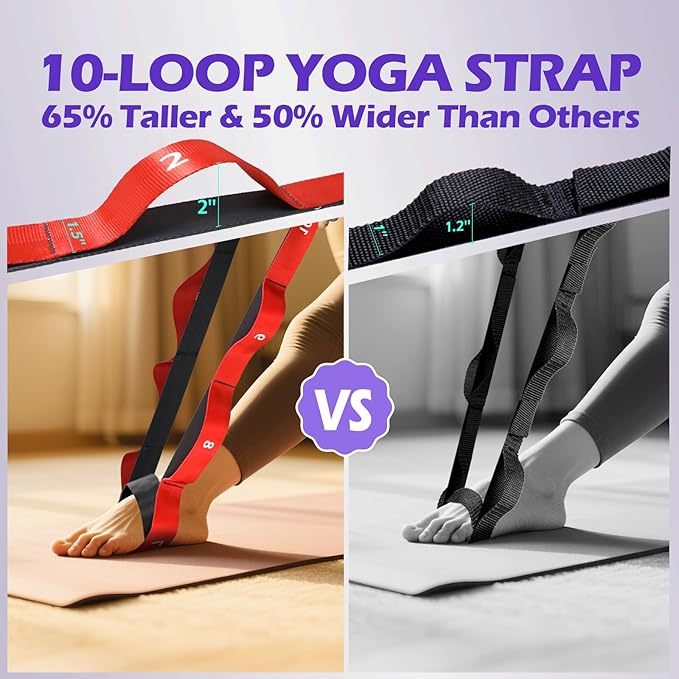 Stretching Strap with Loops - Non Elastic Yoga Straps for Physical Therapy, Durable Stretch Bands for Exercise, Flexibility Training, Hamstring & Leg Stretcher, Yoga/Pilates/Gymnastics
