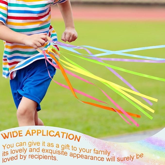 12 Pcs Rainbow Ribbon Wooden Waldorf Toys Creative Waldorf Hand Kite Set Streamers with Wood Ring Sensory Learning Educational Toy for Playroom Dancing Birthday (Fresh Color)