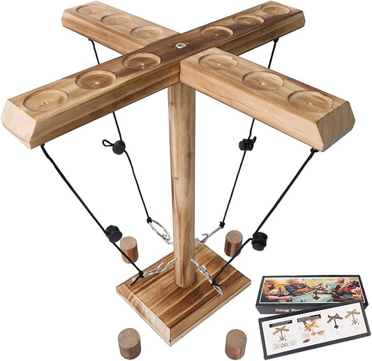 4 Player Hook and Ring Toss Battle Game - Handmade Wooden Loop Throwing Hooks for Adults, Fast-Paced Interactive Home Party Game