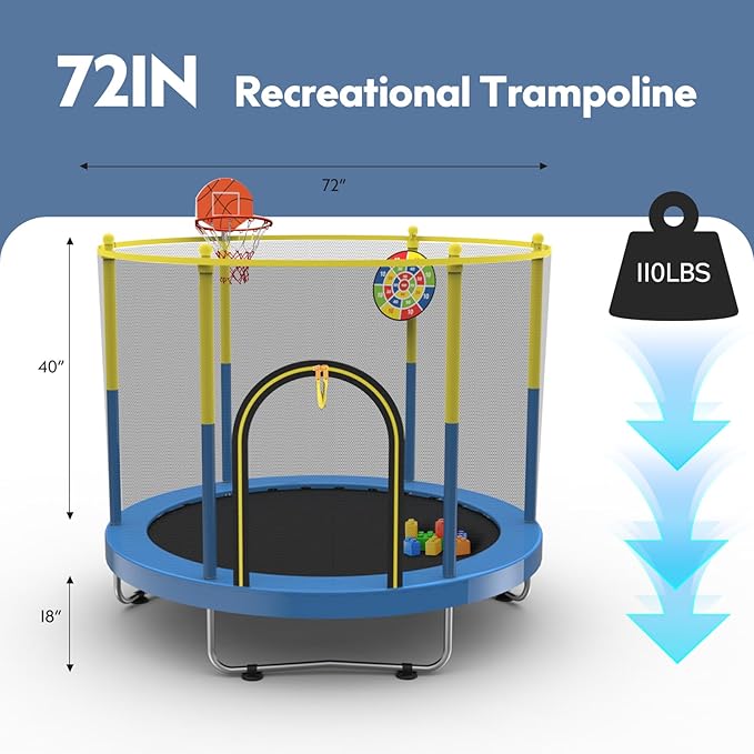 72" Trampoline for Kids with Net,6 FT Indoor & Outdoor Small Toddler Trampoline with Basketball Hoop & Dart Board for Ages 1-8, Birthday Gifts for Boys & Girls, Baby Toddler Christmas Toys