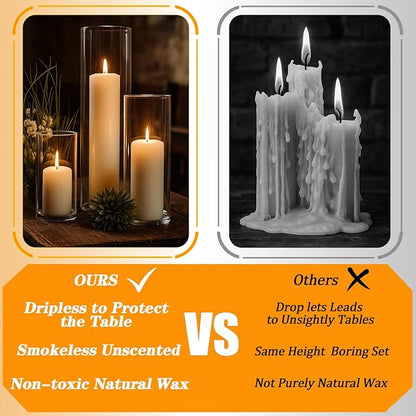 3 Pcs White Pillar Candles Bulk Set，Hurricane Candlesï¼? Different Lengths 2 x 3/4/6 Inch，Dripless Unscented Smokeless，Gives You a Better Atmosphere When Organizing an Event Party.
