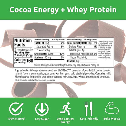 UCAN Energy + Whey Protein Powder - 19g Per Serving with Amino Acids EAAs & BCCAs - Keto Protein Powder - No Added Sugar, Gluten-Free - Cocoa - 12 Servings