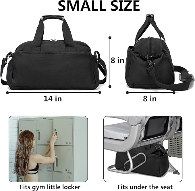 14 inch Small Gym Bag for Women & Men, Mini Duffel Bag for Travel Sports Lightweight Carry On Bag, Black