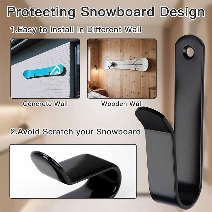 Snowboard Wall Mount & Skateboard Display Rack - Horizontal Hanger Clips for Snowboards, Longboards, Skateboards - Space Saving Storage Solution for Garage, Bedroom, Living Room (Black, 4 PCS)