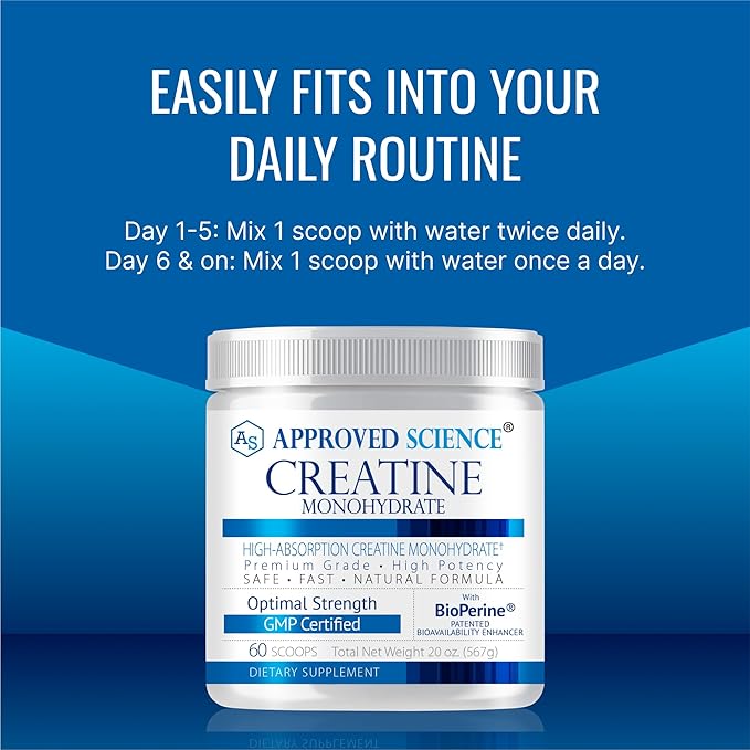 Approved Science Creatine Monohydrate Powder with BioPerine - Supports Lean Muscle Growth and Recovery - 60 Servings - 5g Per Serving - Unflavored - Non-GMO, Vegan