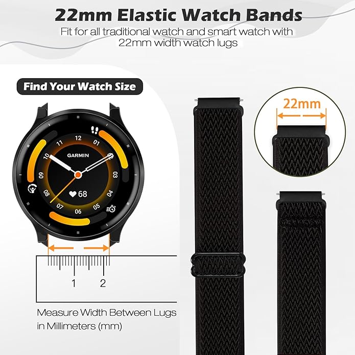2 Pack Elastic Ankle/Arm Watch Bands Compatible with Garmin Venu 3/Venu 2/Vivoactive 4, Garmin Forerunner 570 47mm/265/255/255 Music, 22mm Sport Nylon Replacement Strap for Amazfit GTR 4/3/2