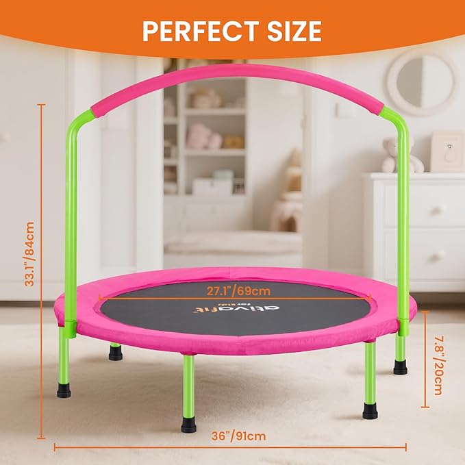 Ativafit 36inch Elastic Band Big Handle Toddler Trampoline for Kids Ages 2-6 Indoor Outdoor Mini Trampoline with Safety Padded Cover Fun for Kids