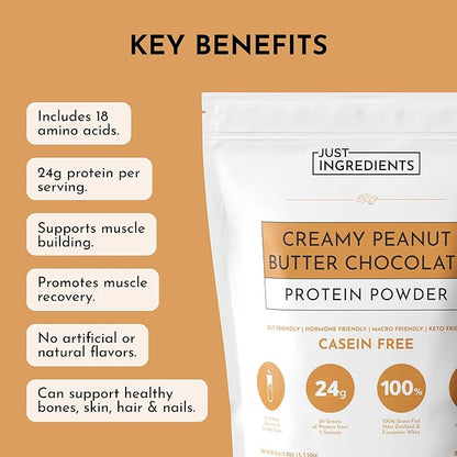 JUST INGREDIENTS Creamy Peanut Butter Chocolate Protein Powder ??30-ServingBlend with Grass-Fed Whey, Pea, Pumpkin Seed, Chia & Collagen ??No Sugar Added ??No Gums 24g Protein