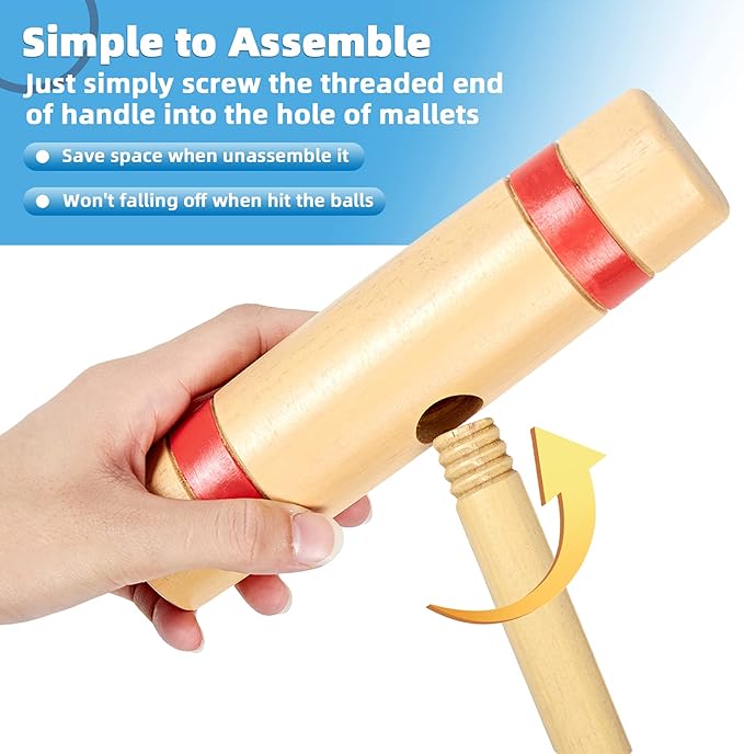 28In Croquet Party Set for 8 Players - Made of Long-Lasting Pine Wood, Family Fun for Backyards, Camping and More, Comes with Colorful Mallets, PE Balls, Wickets, Stakes, and Carrying Bag