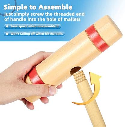 28In Croquet Party Set for 8 Players - Made of Long-Lasting Pine Wood, Family Fun for Backyards, Camping and More, Comes with Colorful Mallets, PE Balls, Wickets, Stakes, and Carrying Bag