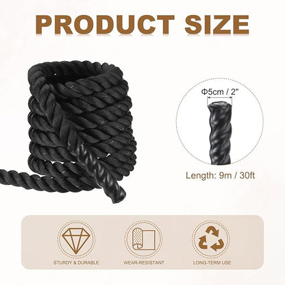 MECCANIXITY Battle Rope 30ft x 2 Inch Polyester Workout Rope Heavy Fitness Exercise Rope for Strength Training Home Gym Muscle Building, Black
