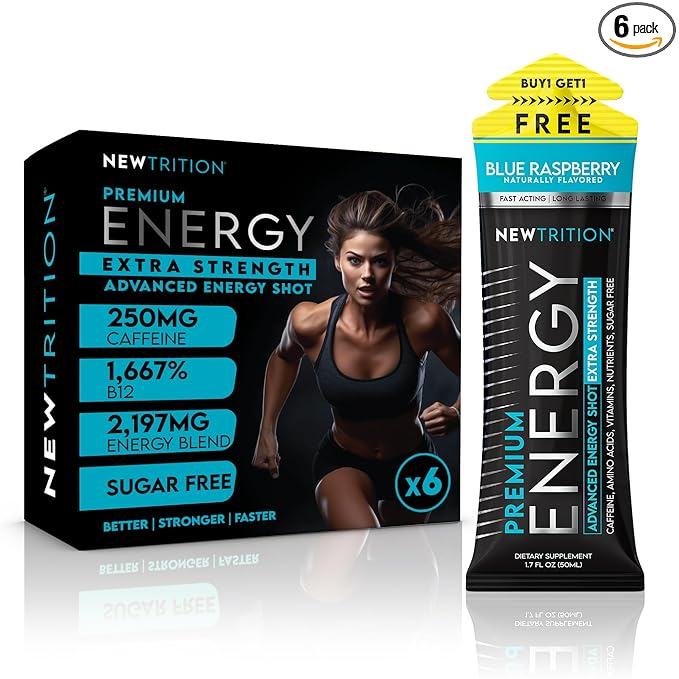 NewTrition® Extra Strength Energy Shots, 250mg Caffeine Energy Shots with Vitamin B & Amino Acids, Sugar-Free Vitamin Energy Shot, 1.7 fl oz (Pack of 6, Blue Raspberry)