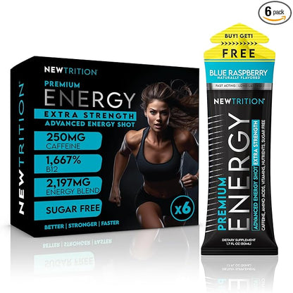 NewTrition® Extra Strength Energy Shots, 250mg Caffeine Energy Shots with Vitamin B & Amino Acids, Sugar-Free Vitamin Energy Shot, 1.7 fl oz (Pack of 6, Blue Raspberry)