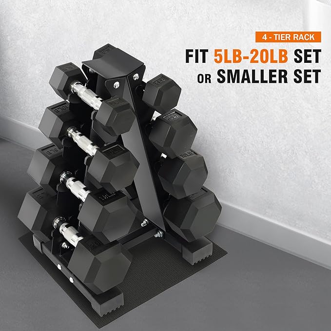 Rubber Coated Hex Dumbbell Weight Sets and Storage Rack, 100LB Set or 150LB Set, 5-20 lbs Pairs or 5-25 lbs Pairs
