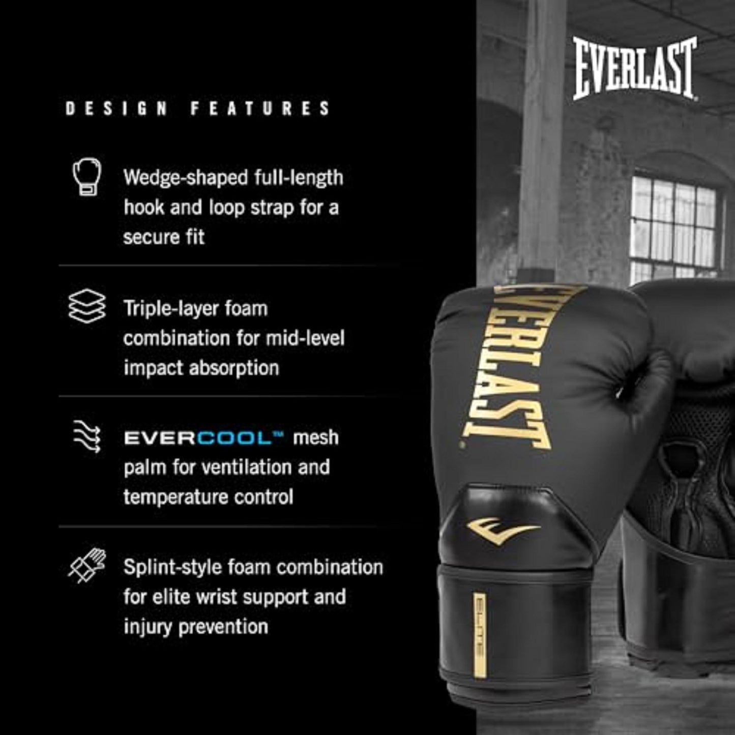 Everlast Elite 2 Boxing Gloves | Women, Men, Heavy Bag | Black/Gold | 14oz