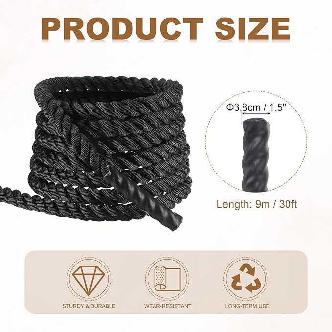 MECCANIXITY Battle Rope 30ft x 1.5 Inch Polyester Workout Rope Heavy Fitness Exercise Rope for Strength Training Home Gym Muscle Building, Black