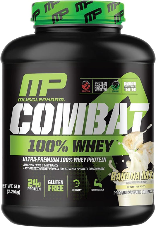 MusclePharm Combat 100% Whey Protein Powder, Banana Milk Flavor, Fast Recovery & Muscle Gain with