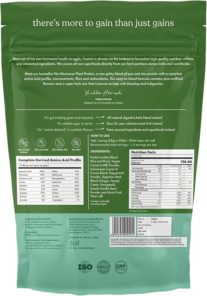No-Nonsense Plant Protein, 21g Organic Brown Rice & Pea Isolate, Plant Based, Vegan, Gluten/Dairy Free, Sugar Free, Mint Cacao, 1.1lb (1pk, 13 Servings)
