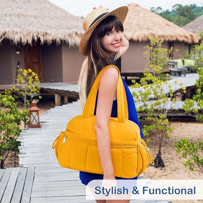 TOPDesign Travel Duffel Bag for Women, Puffer Gym Bag Sports Tote with Wet Pocket, Carry On Weekender with Luggage Sleeve (Golden Yellow)