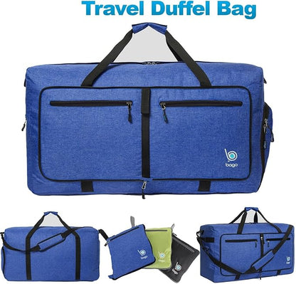 Bago Large Foldable Duffel Bags for Traveling Women & Men - 100L Packable Duffle Bag for Travel with Shoe Compartment - Water Repellant, Heavy Duty, Lightweight Folding & Collapsible (SnowDepBlue)