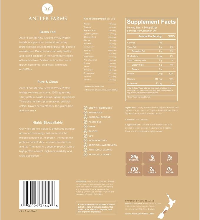 Antler Farms - 100% Grass Fed New Zealand Whey Protein Isolate, Peanut Butter Chocolate Flavor, 2 lbs - Pure and Clean, 7 Ingredients, Cold Processed