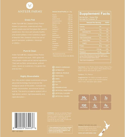 Antler Farms - 100% Grass Fed New Zealand Whey Protein Isolate, Peanut Butter Chocolate Flavor, 2 lbs - Pure and Clean, 7 Ingredients, Cold Processed