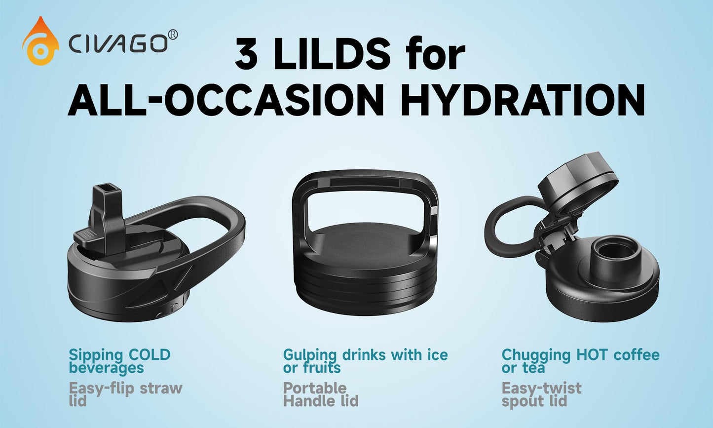 CIVAGO 32 oz Insulated Stainless Steel Water Bottle With Straw and 3 Lids