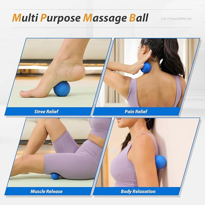 5 in1 Foam Roller Set, Trigger Point Foam Roller, Massage Roller Stick, Massage Ball, Resistance Band for Deep Muscle Massage Pilates Yoga,Fitness Exercise for Whole Body (Pure Blue)