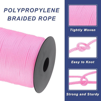 MECCANIXITY 1/8 Inch Polypropylene Rope Braided Ropes, 328ft Nylon Rope Hollow Utility Cord for Clothesline, Camping, Hiking, Outdoor, Light Pink