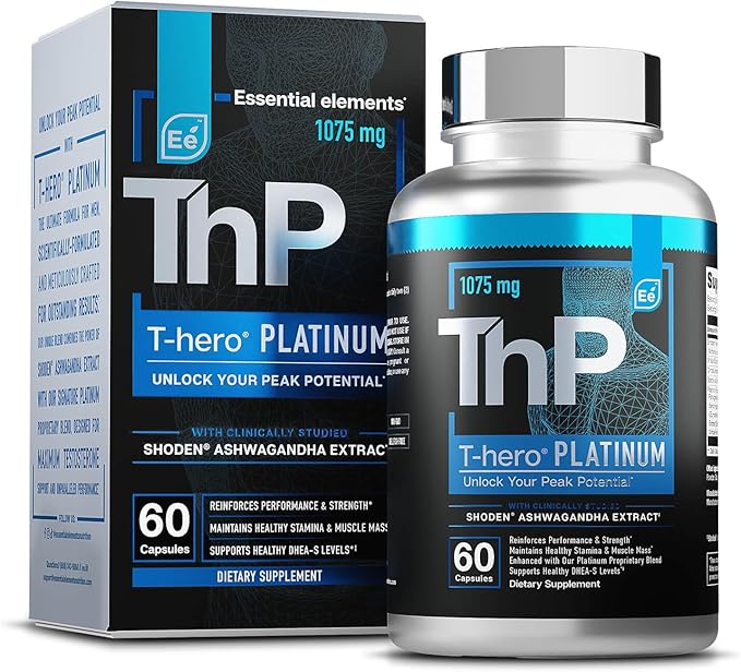 Essential Elements T-Hero Platinum Male Health Supplement for Mens Health - Muscle Growth Support & T-Health with Shoden Ashwagandha, Shilajit, DIM & More - Gym Supplements for Men - 60 Caps