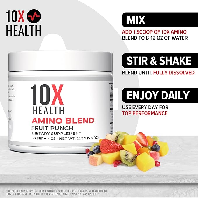 10X Health Amino Blend Pre Workout Powder for Men - Fruit Punch Flavor - EAA & BCAA Powder Amino Acids Supplement for Energy, Muscle Strength & Performance ??Pre and Post Workout - 30 Servings