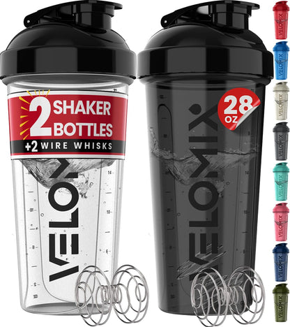 VELOMIX 2 Pack 28oz Protein Shaker Bottle for Protein Mixes, Black/Transpar