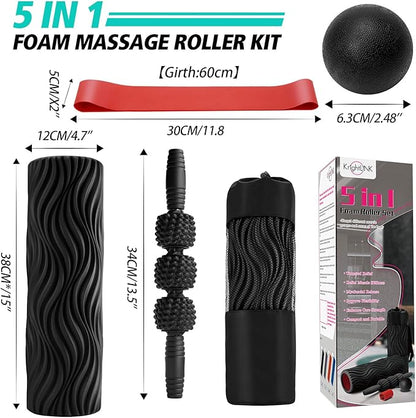 5-in-1 Foam Roller Set, Massage Roller Stick, Massage Ball, Resistance Band for Deep Muscle Massage, Trigger Point Release, Pilates, Yoga (Black-Wave)