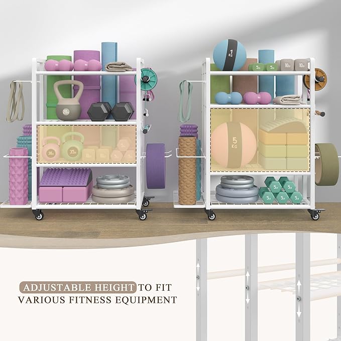 4-Tier Dumbbell Rack Stand Only, Adjustable Weight Rack for Dumbbells Kettlebells Yoga Mat, Home Gym Storage Rack with Wheels and Hooks, Powder Coated Finish