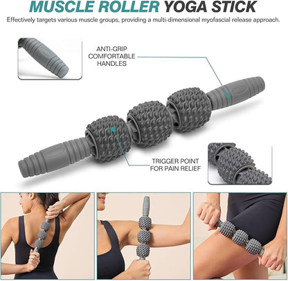 5 in 1 Foam Roller Set - Trigger Point Foam Back Roller, Muscle Roller Stick, Massage Ball, Stretching Band for Deep Muscle Massage Pilates Yoga,Fitness Exercise for Whole Body Release